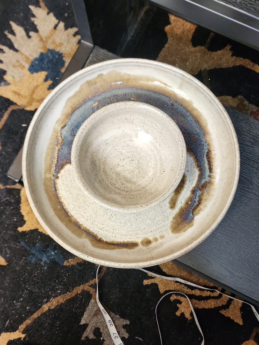 Handcrafted Ceramic Chip And Dip Bowl with Drip Glaze - Beige and Blue